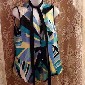Nine West, Size 8, blue black yellow‎ white green geometric top attached tie